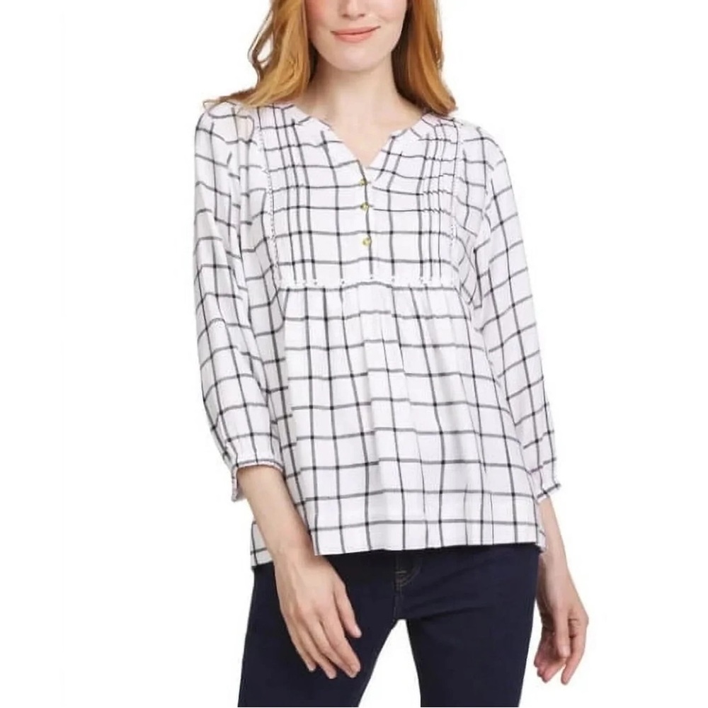 Wrangler Windowpane Plaid Babydoll Peasant Top Viscose V-Neck Size L